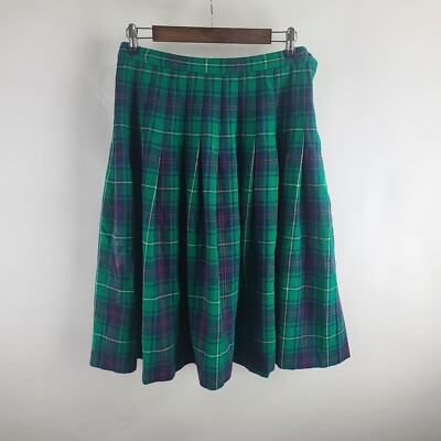 Vintage Women’s Pendleton Wool Green Tartan Plaid Pleated Skirt W 29
