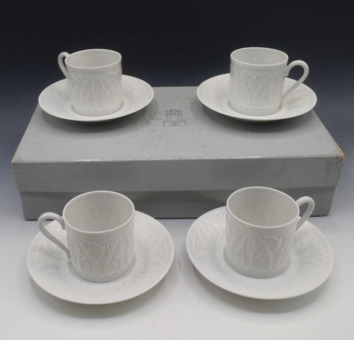 HAVILAND LIMOGES WHITE EMBOSSED SET OF 4 DEMITASSE ESPRESSO CUPS