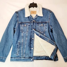 Levis Sherpa Trucker Jacket Mens LARGE L BLUE Biker Cowboy Button Up NWT