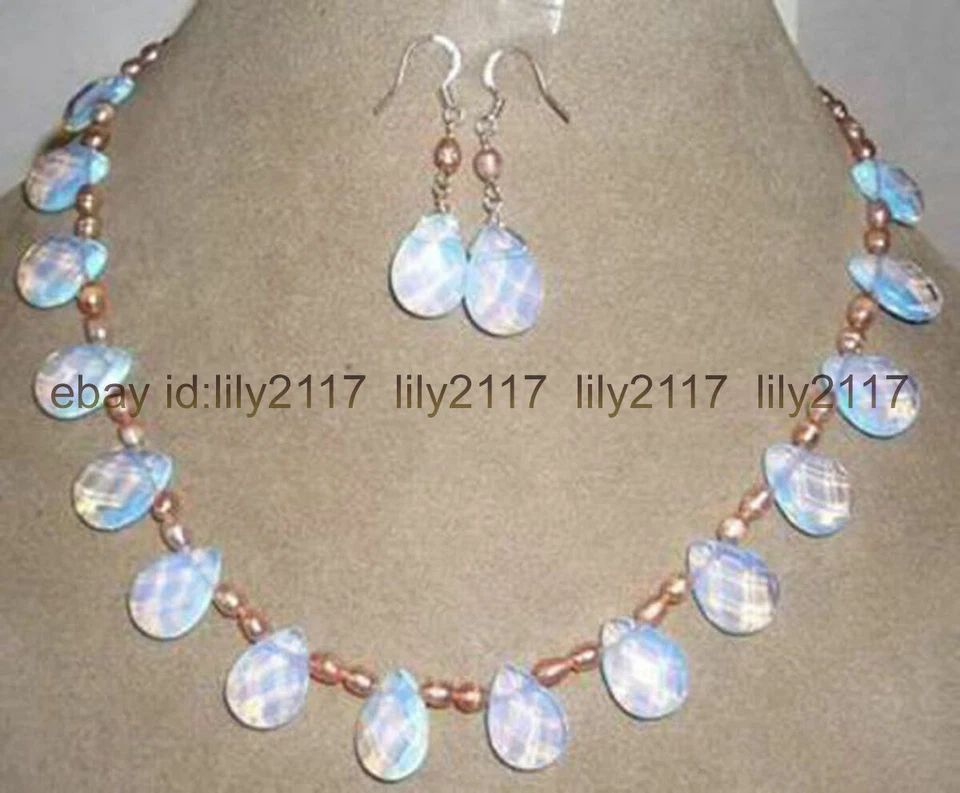 18inch 7-8MM Natural Pink Pearl Drop Shaped White Opal Beads Necklace Earrings - Image 3 of 3