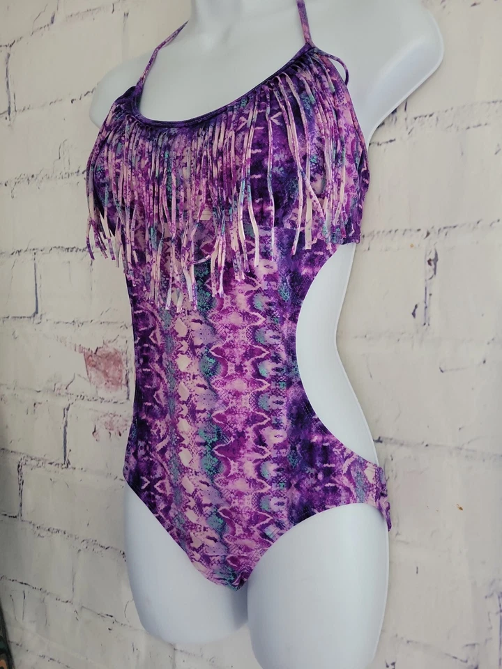 Traje de baño OP One Piece Monokini púrpura estampado animal mediano junior forrado flecos Foto 4 de 4