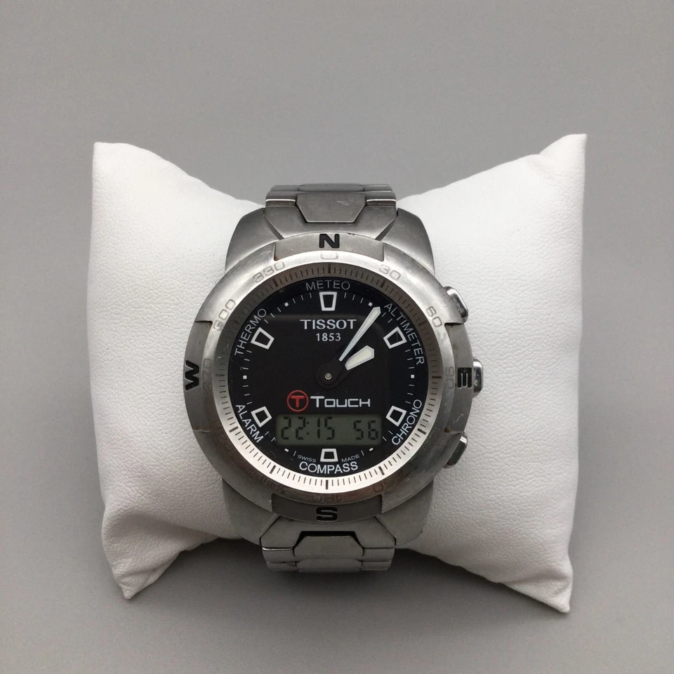 Tissot T Touch Watch Men 42mm Silver Tone Black Dial Swiss New Battery 6.75" - Image 2 of 4