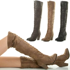 New Lace Up Stack Chunky Med Heel Over The Knee Thigh High Combat Military Boots