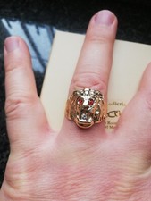 Anello uomo testa leone in oro giallo 750 18 kt con zirconi bianchi e rossi new