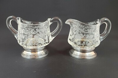 Cambridge Glass Co. Cream & Sugar Set - etched Chantilly - Silver Bases 