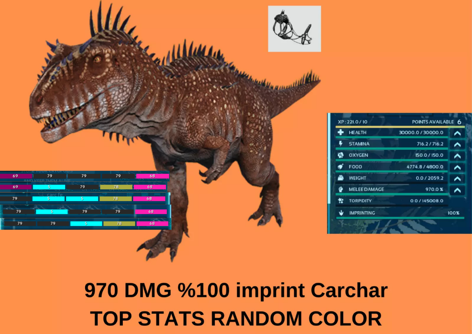 Carcharodontosaurus 970 DMG %100 RANDOM COLOR Ark Survival Ascended Official PVE