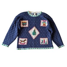 Vintage Northern Isles Christmas Sweater Hand Embroidered Blue Ramie Cotton- XL