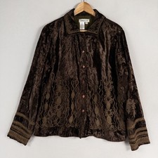 Coldwater Creek Jacket Shacket Sz Medium Brown Crushed Velvet Brocade Trim Boho
