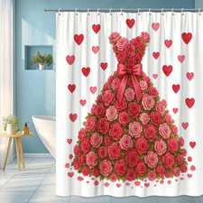 Pink Floral Shower Curtain with Hearts for Kids and Girls