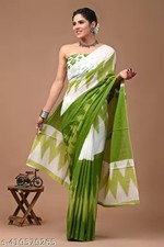 Women Mul Cotton Green Saree With Blouse For Women Indian Ethnic Sari Draper