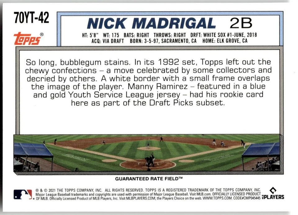 2021 Topps #70YT-42 Nick Madrigal 70 Years of Topps Baseball (Series 2) - Image 2 of 2