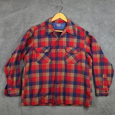 Vintage Pendleton Board Shirt Loop Collar Mens XL Red Blue Plaid Wool Button Up