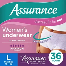 Assurance Women's Incontinence & Postpartum Underwear, L , Maximum Absorbency