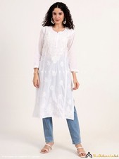 White Cotton Chikankari Straight Kurta, Lucknowi Chikan Handmade Women Kurti