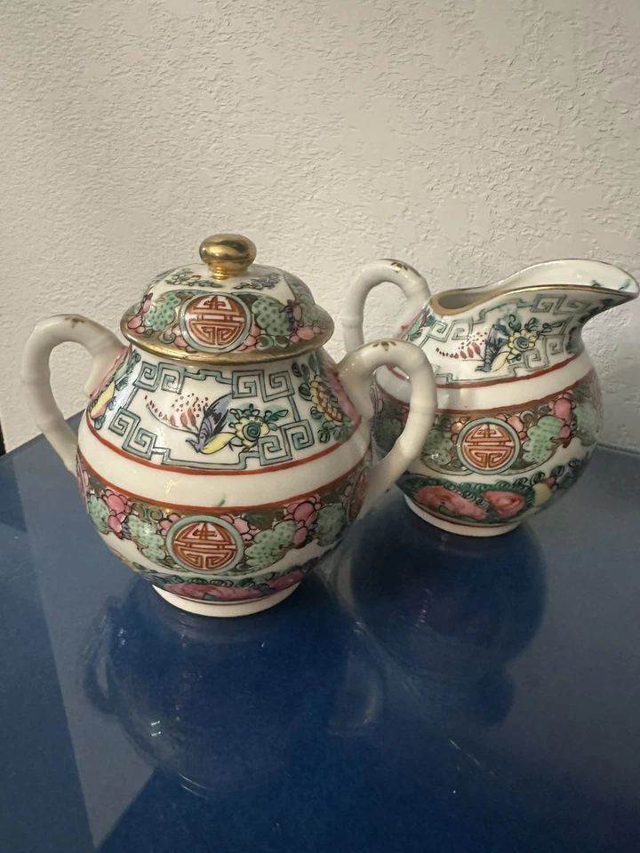 Antiguo Japón, Familia China Rosa Medallón Azucarero y Jarra Crema Jarra Jarra Foto 2 de 4