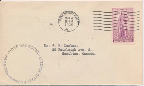 #777 Rhode Island Tercentenary RSC First Day cover to Canada
