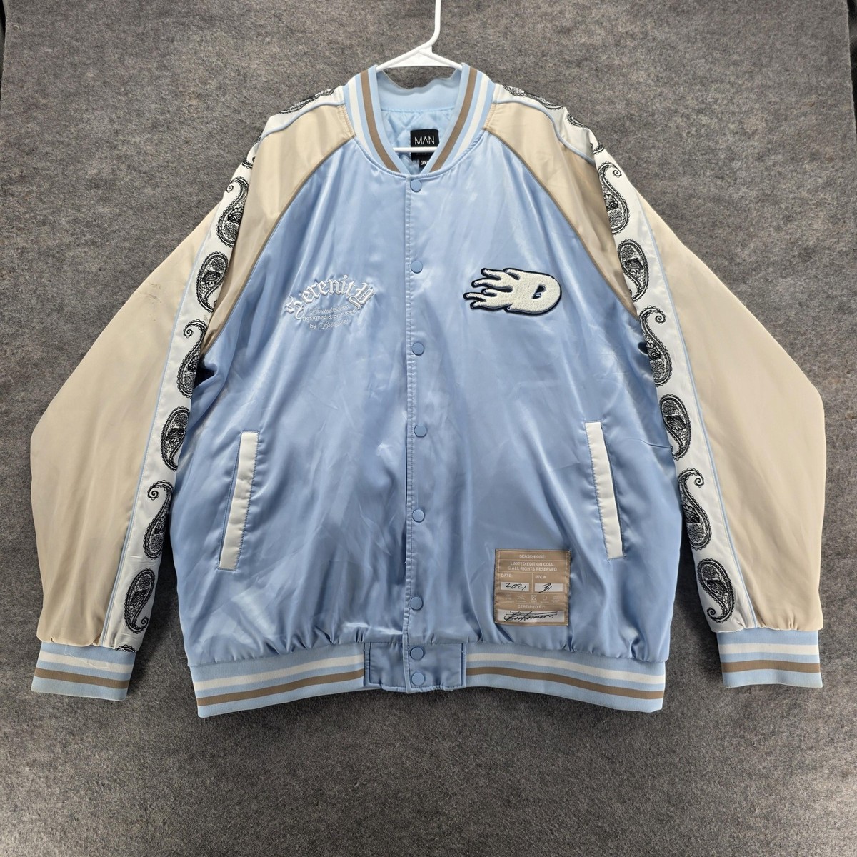 BoohooMAN DaBaby Jacket Mens 3XL Blue Varsity Satin Paisley