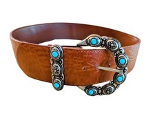 Vntg Southwestern Belt Brown Pebbled Bonded Leather Silver Concho Turquoise Sm