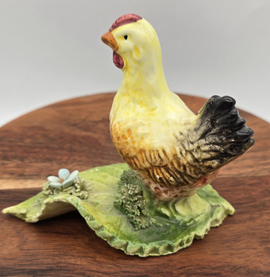 Vintage Ceramic Hen Figurine With Leaf & Flower ~ Easter Farmhouse Cottage 