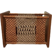 Boho Macrame Wood Magazine Rack Storage Organizer Handcrafted 17.5” x 12.5” x 9”