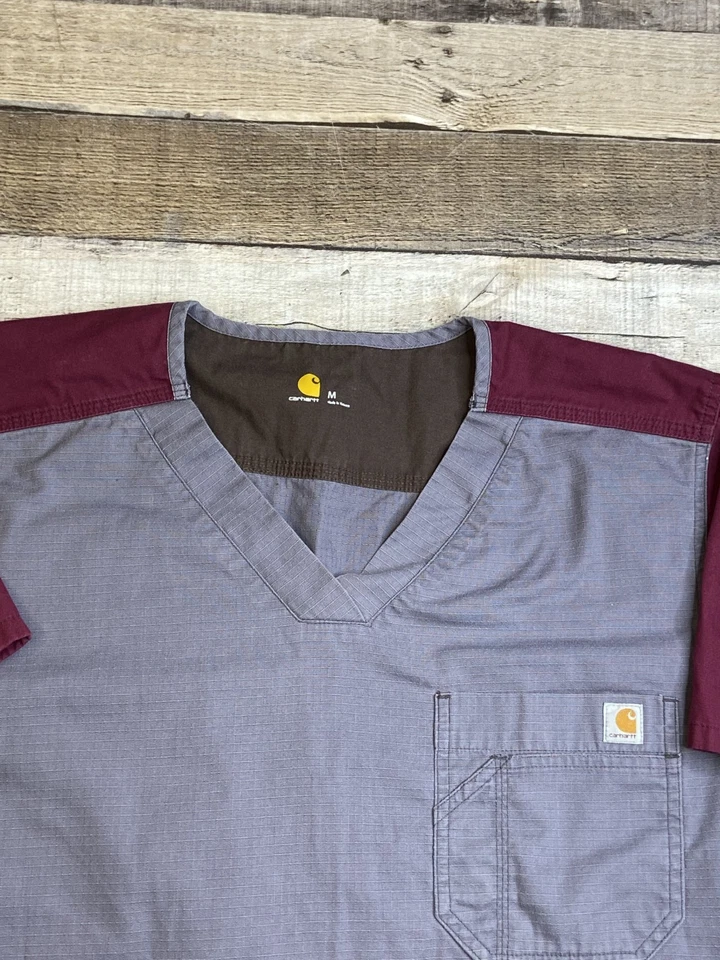Carhartt Scrub Top Mens M Maroon Gray Medical Ripstop Tech Shirt C14108 - Image 2 of 4