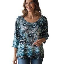 Chicos Peacock Feather Top Size 3 (Womens XL) Teal Sparkle Art to Wear Knit Tee