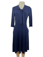 Navy Blue Womens Knit Dress With Bow Front & Pockets Soft Comfortable Medium Siz