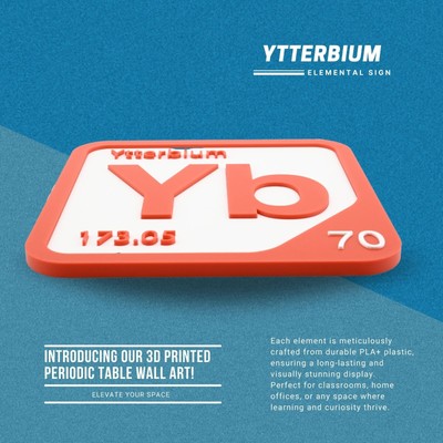 3D Printed Ytterbium Periodic Table Tile, Durable PLA+ with Adhesive Strip.