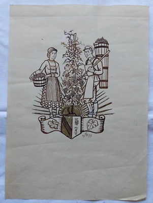 Carl Baum - Weinbauer und Bäuerin bei der Weinlese - signiert CB, datiert 1955 - Bild 1 von 3