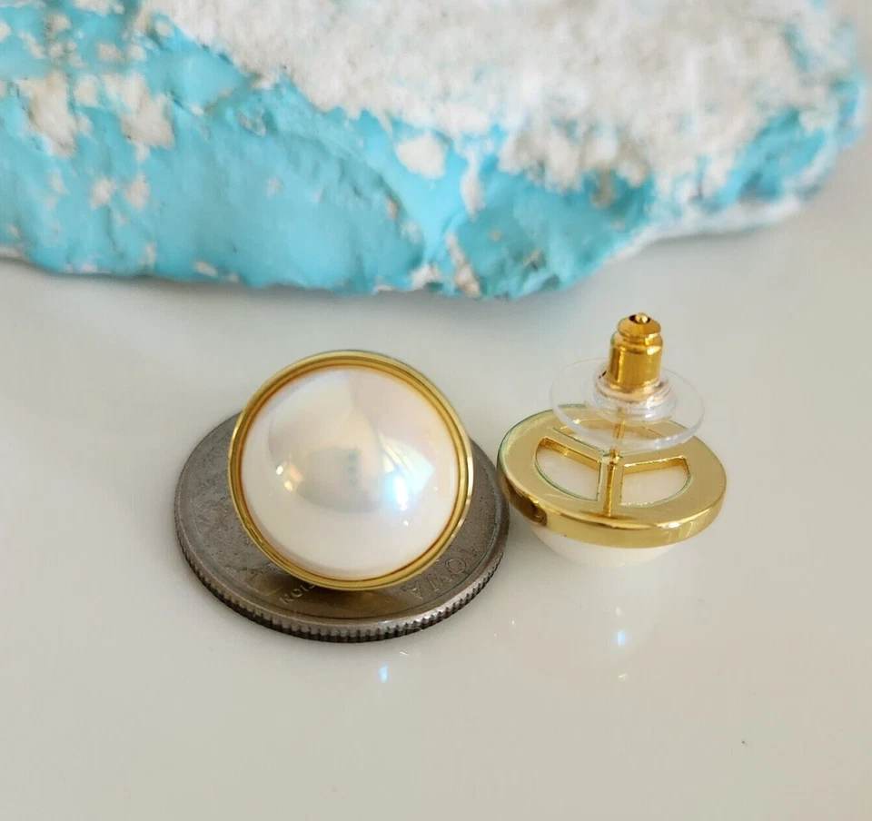 Pendientes Seashell Mabe Japonesa Perla Blanca 16 mm Bisel Chapado en Oro Plata Foto 2 de 3