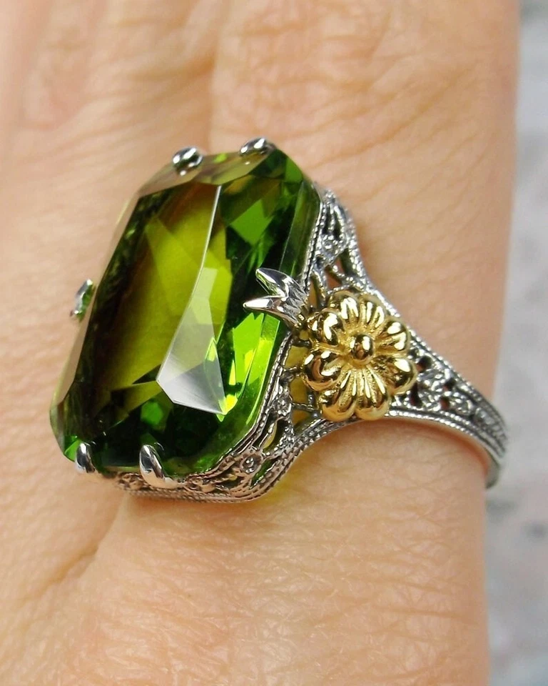 Peridot Ring Vintage Sterling Silver Gold Accent Large Emerald Cut Jewelry Gift - Image 2 of 4