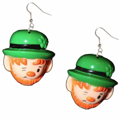 HUGE Funky Cute LEPRECHAUN HEAD EARRINGS Lucky Irish Luck Charms Costume Jewelry