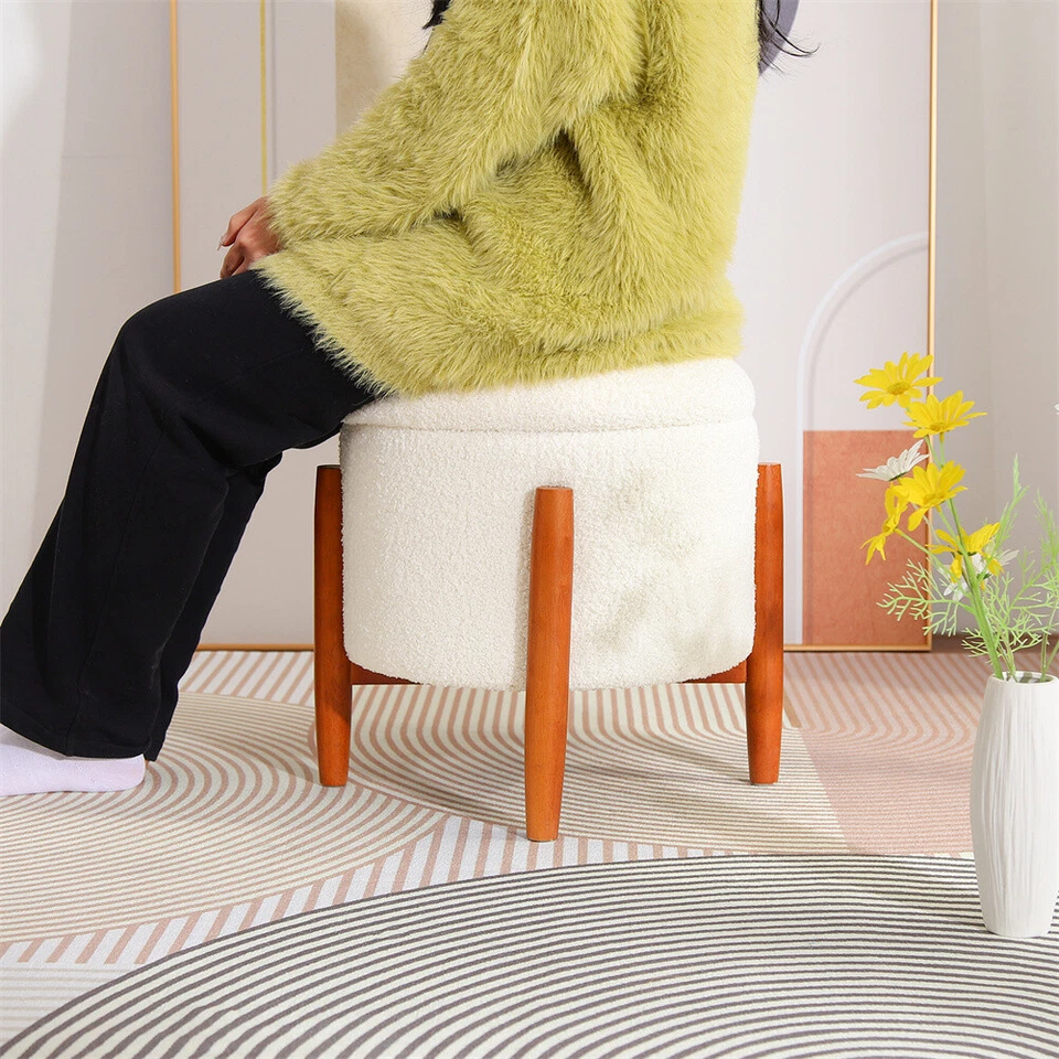 Round Storage Ottoman Teddy Velvet Footrest Vanity Stool Footstool Bedroom - Image 4 of 4