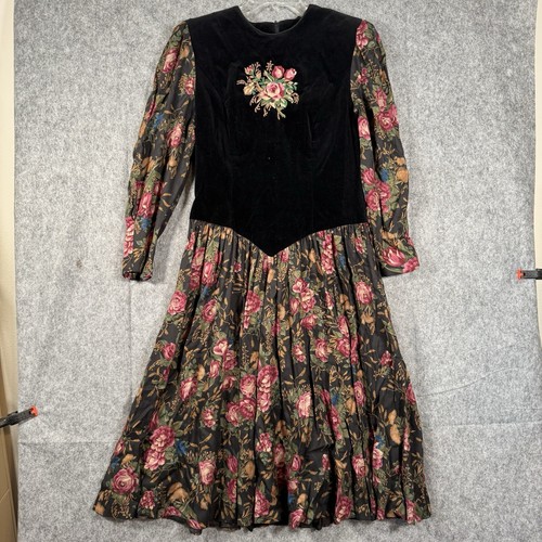 VTG Fairygoth Dress Womens 11/12 Floral Velvet Boho Cottagecore Dark Romantic