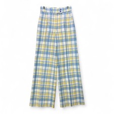 VTG 70s Bell Bottom Disco Pants Flare Plaid 24" Waist High Rise Baby Blue Yellow