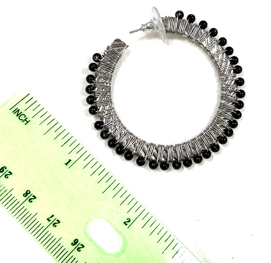 Silver Tone Wire Wrapped Black Beaded 2" Hoop Pierced Earrings