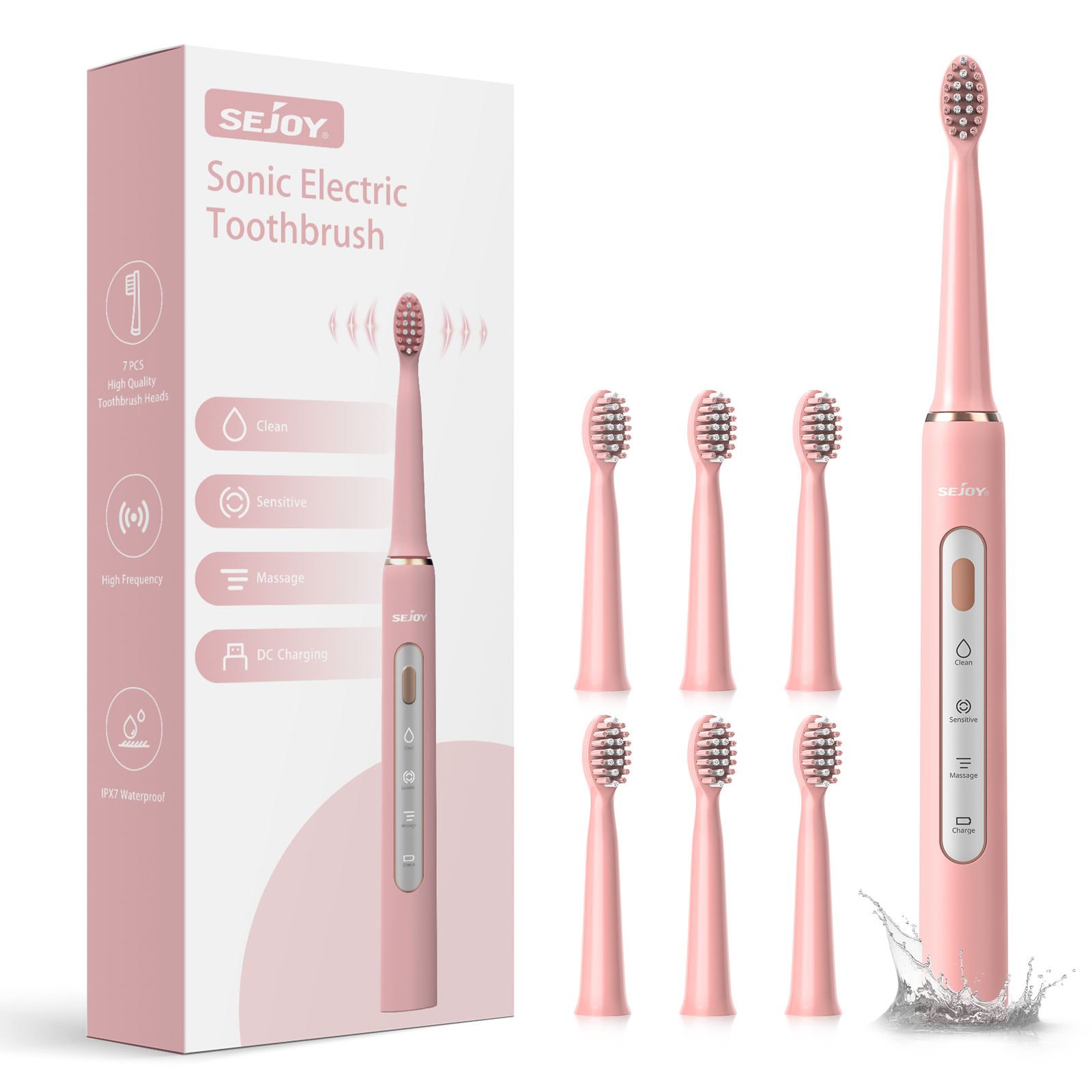 SEJOY Sonic Electric Toothbrush USB Rechargeable 3Modes 7Brush Heads Smart Timer