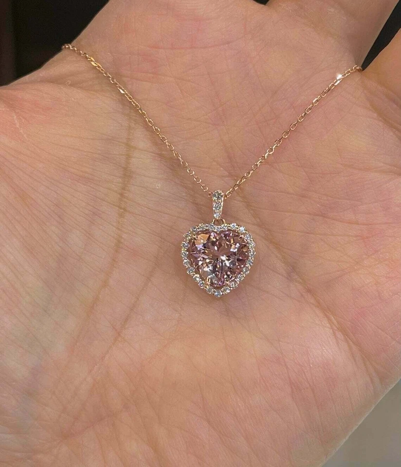 2Ct Heart Cut Morganite Promise Halo Pendant 14K Rose Gold Finish Free Chain - Image 4 of 4