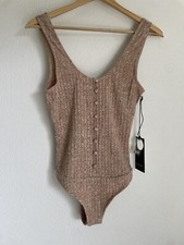 Privacy Please Bodysuit Ribbed Tan Tank Top W Buttons NWT S