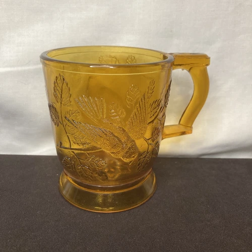 Vintage Mosser Glass Company Mug in Amber “Robin in a tree” 10oz 3.75"
