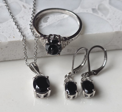 Karis Thai Black Spinel Jewelry Set in Platinum Bond & Stainless Size 9.75