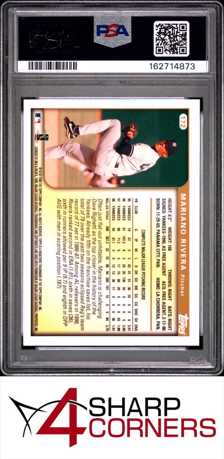 1999 TOPPS #172 MARIANO RIVERA YANKEES HOF PSA 10 view 2