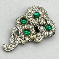Vintage Dress Clip Green Stone Silver Tone Pot Metal Flower 1.75"