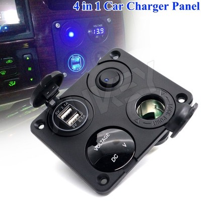 Cigarette Lighter Socket Dual-USB Charger 12V 4 In 1 Panel Car Boat Motorcycle