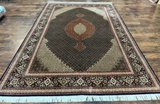 Per'sian Rug 7x10 Very Fine 330 KPSI 50 Raj Black Beige Handmade Wool Vintage