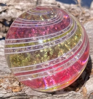 Large 1.75 inch Hot House Banded Mica Twist Marble, Signed and Dated