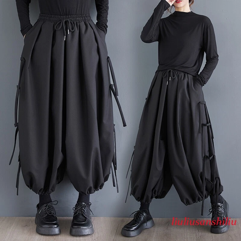 Hot Women Gothic Punk Wide Leg Pants Elastic Waist Lace Up Casual Trousers Party