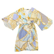 MOTF SHEIN Women's Large Scarf Print Wrap Mini Dress Blue Gold Chain Tassel