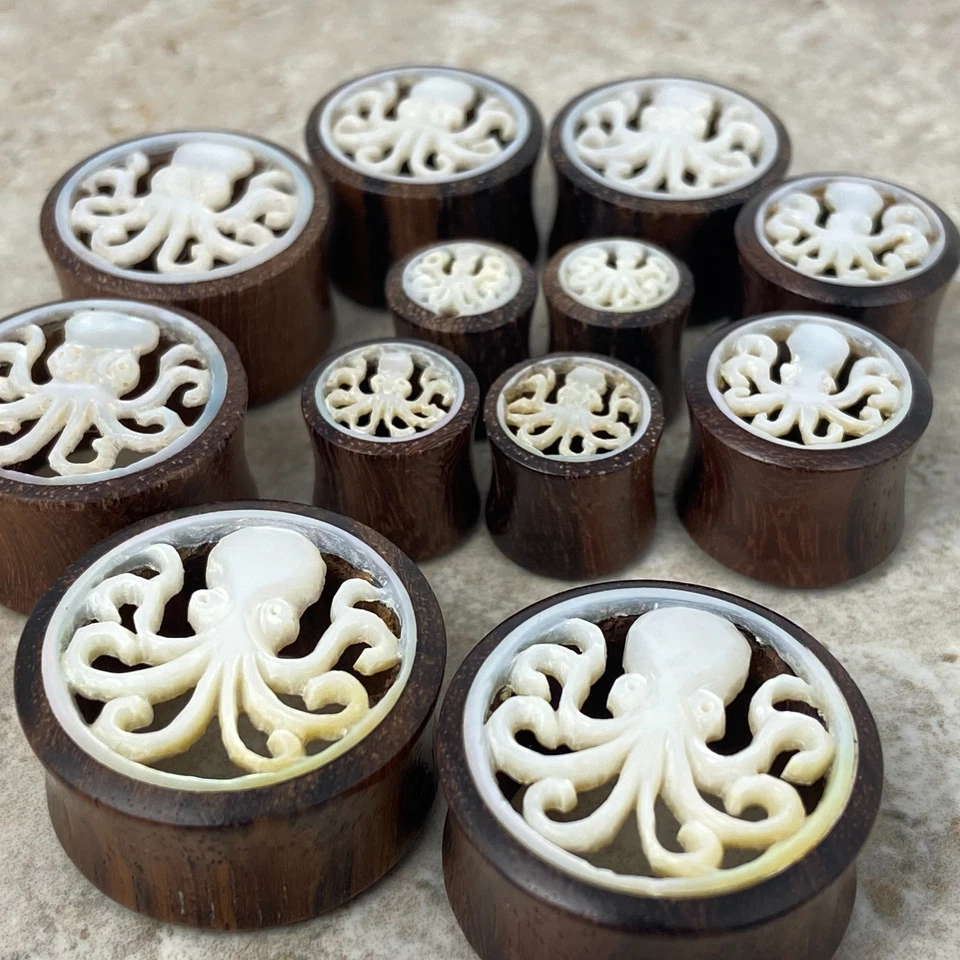 Par de Túneles Pulpo Madreperla Madera Sono Medidores Tapones Orgánicos Foto 3 de 4