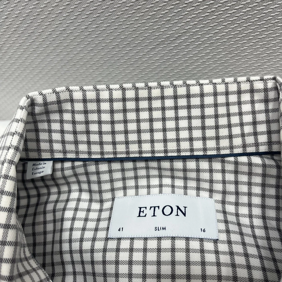 Camisa social Eton Slim Fit 16 41 botões cinza xadrez branco trabalho casual - Imagem 3 de 4